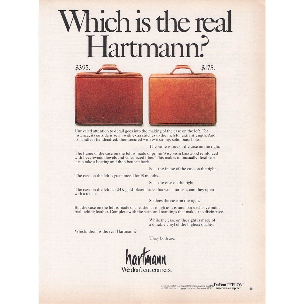 Vintage 1982 Hartmann Luggage Print Ad Leather vs Vinyl Travel Cases which real